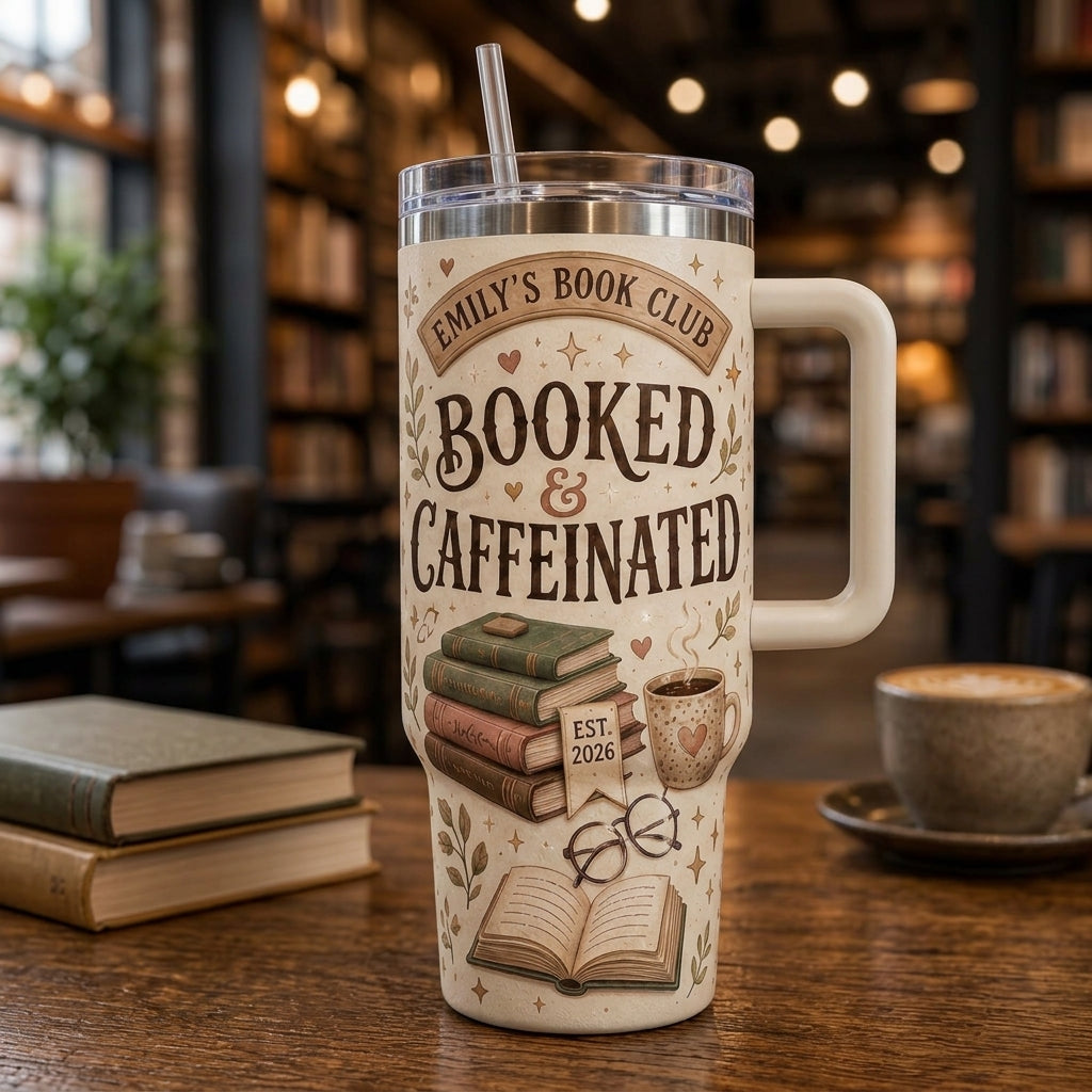 Personalized Booked & Caffeinated 40oz Tumbler with Handle - Custom Book Club Gift for Readers