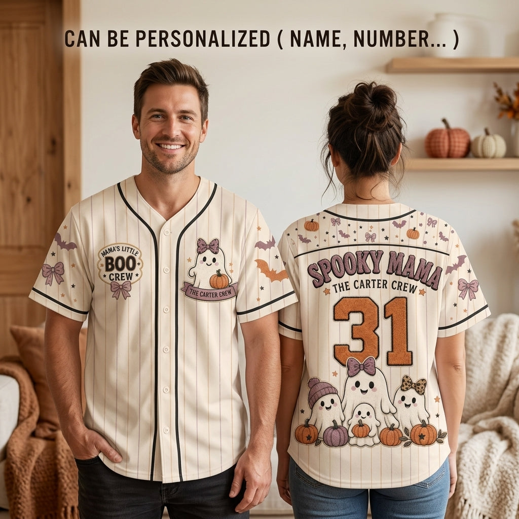 Personalized Spooky Mama Halloween Baseball Jersey - Custom Family Name Boo Crew Ghost Shirt