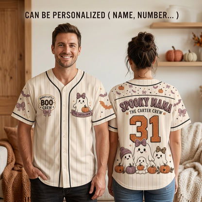 Personalized Spooky Mama Halloween Baseball Jersey - Custom Family Name Boo Crew Ghost Shirt