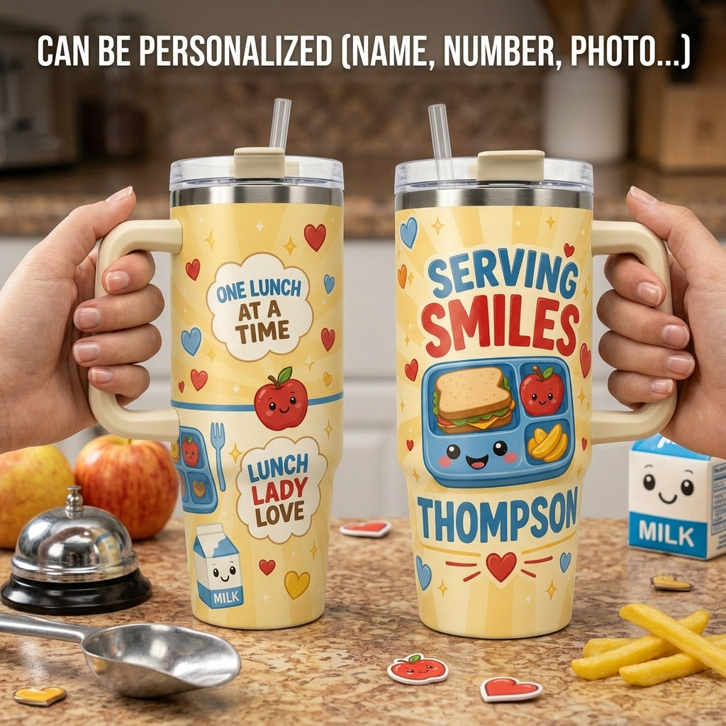 Personalized Lunch Lady Tumbler 40oz with Handle Serving Smiles Custom Name Cafeteria Gift
