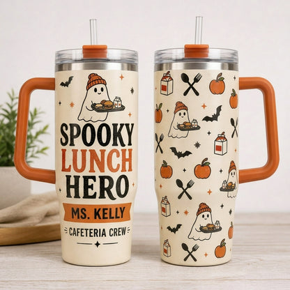 Personalized Spooky Lunch Hero 40oz Tumbler with Handle - Custom Cafeteria Crew Halloween Gift