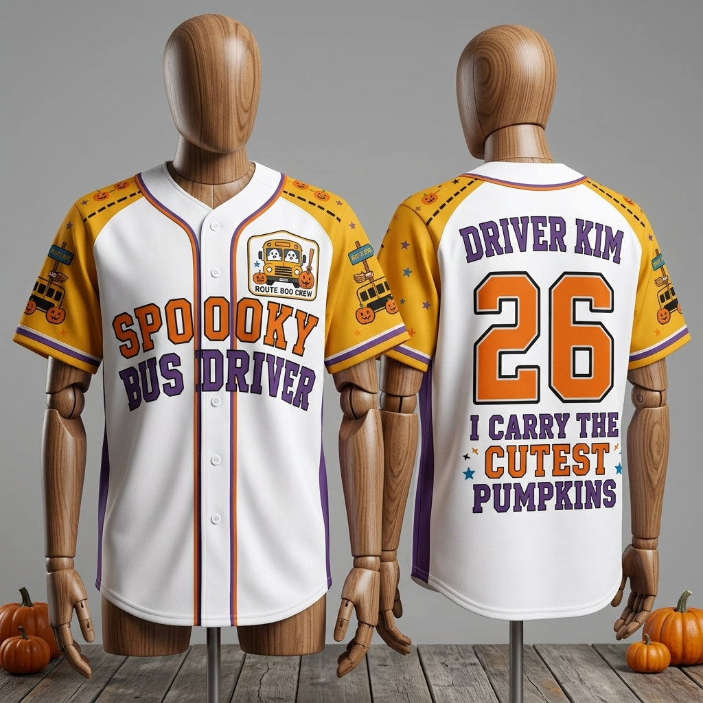 Personalized Spooky Bus Driver Halloween Baseball Jersey - Custom Name & Number School Bus Driver Gift