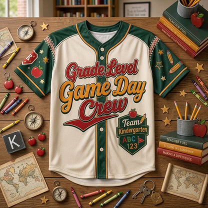 Personalized Grade Level Game Day Crew Teacher Baseball Jersey - Custom Name and Number School Spirit Shirt