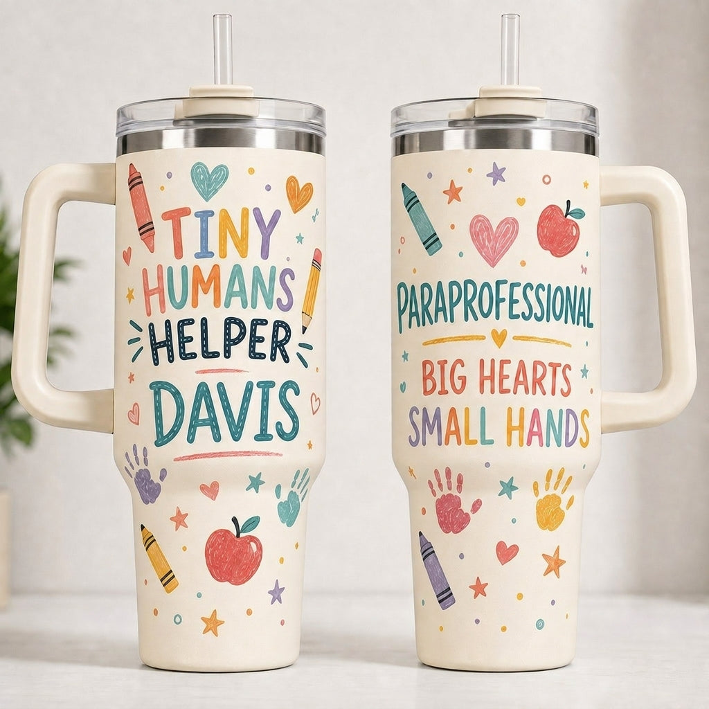 Personalized Paraprofessional 40oz Tumbler with Handle - Custom Tiny Humans Helper Gift