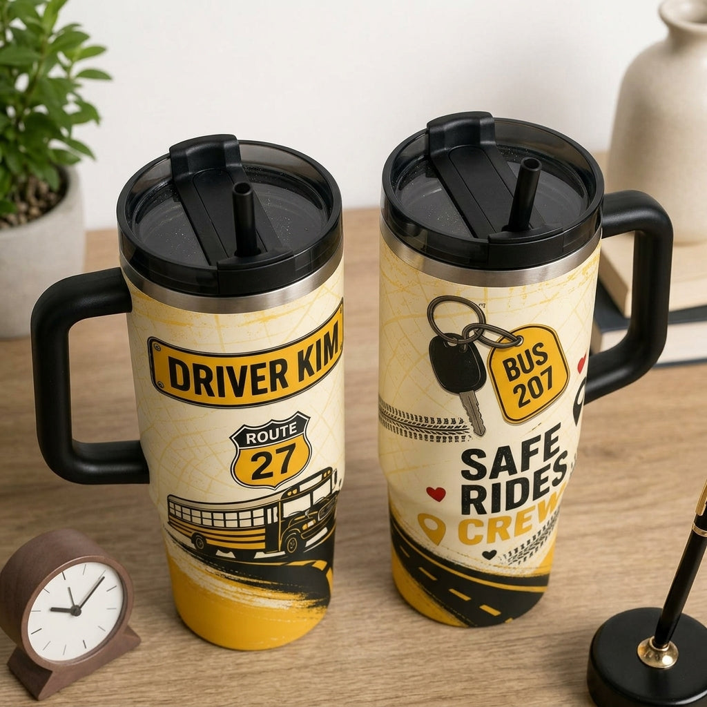 Personalized School Bus Driver 40oz Tumbler with Handle - Custom Name & Route Safe Rides Crew Gift