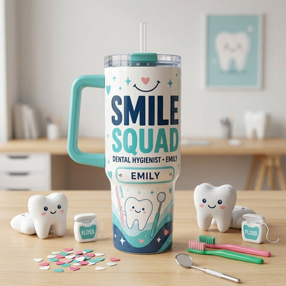 Personalized Smile Squad 40oz Tumbler with Handle - Custom Name Gift for Dental Hygienist & Dentist