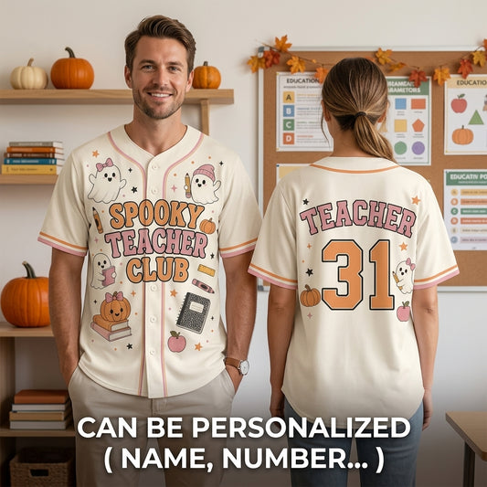 Personalized Spooky Teacher Club Baseball Jersey - Custom Ghost Halloween Teacher Gift - Retro Athletic Shirt