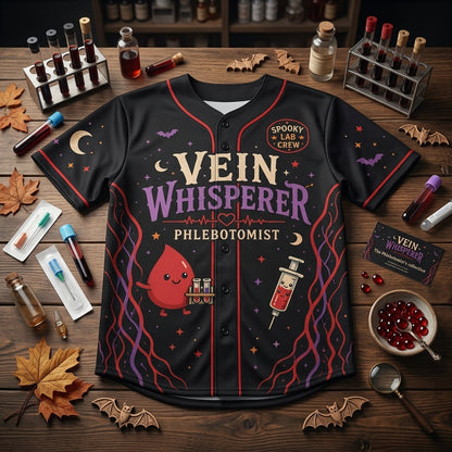 Personalized Vein Whisperer Phlebotomist Baseball Jersey - Custom Name Spooky Lab Crew Healthcare Gift