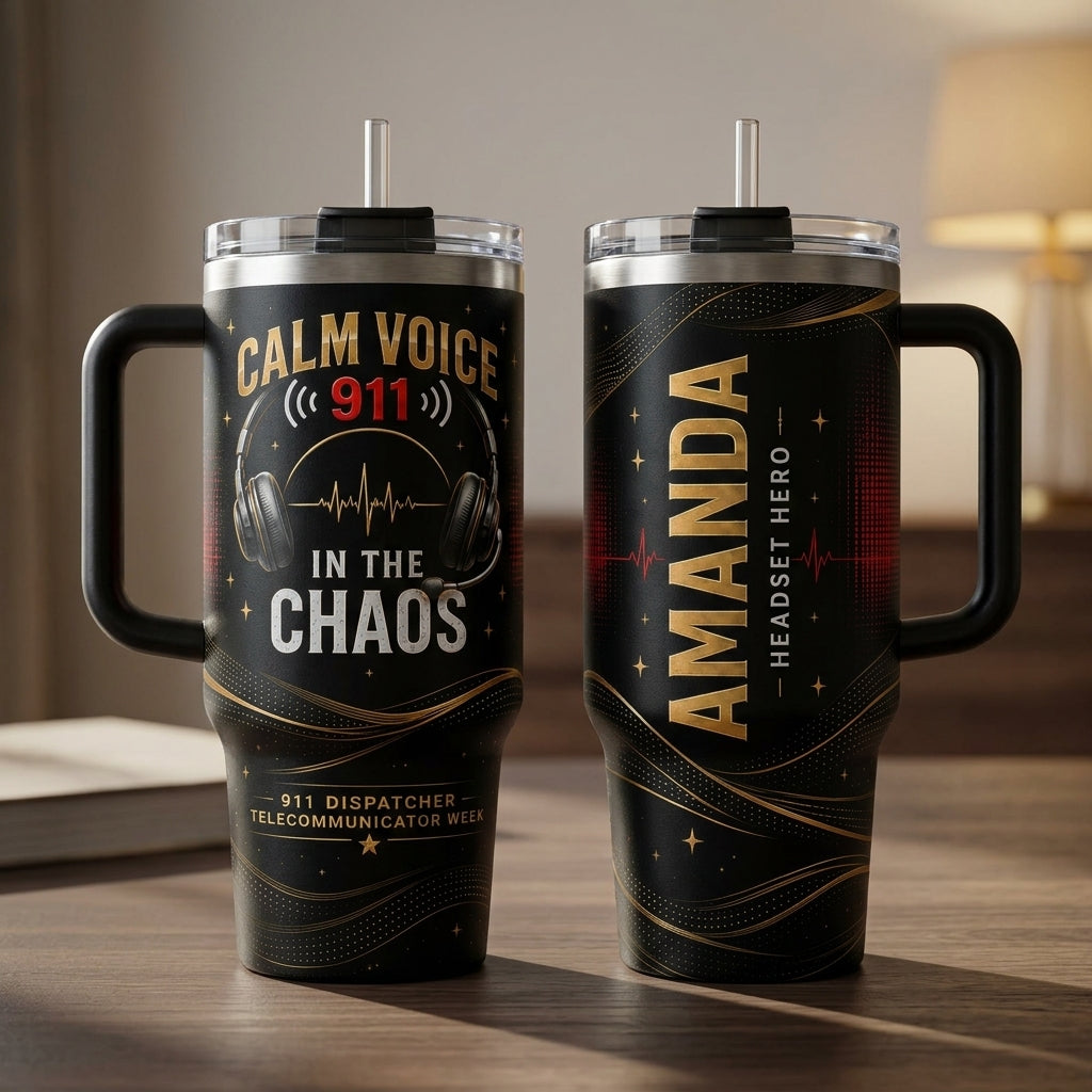 Personalized 911 Dispatcher 40oz Tumbler with Handle - Custom Headset Hero Calm Voice Gift