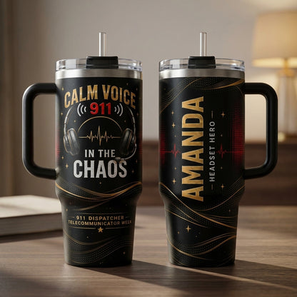 Personalized 911 Dispatcher 40oz Tumbler with Handle - Custom Headset Hero Calm Voice Gift