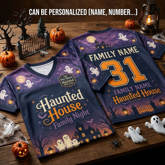 Personalized Haunted House Family Night Football Jersey - Custom Family Name and Number Halloween Mesh Shirt