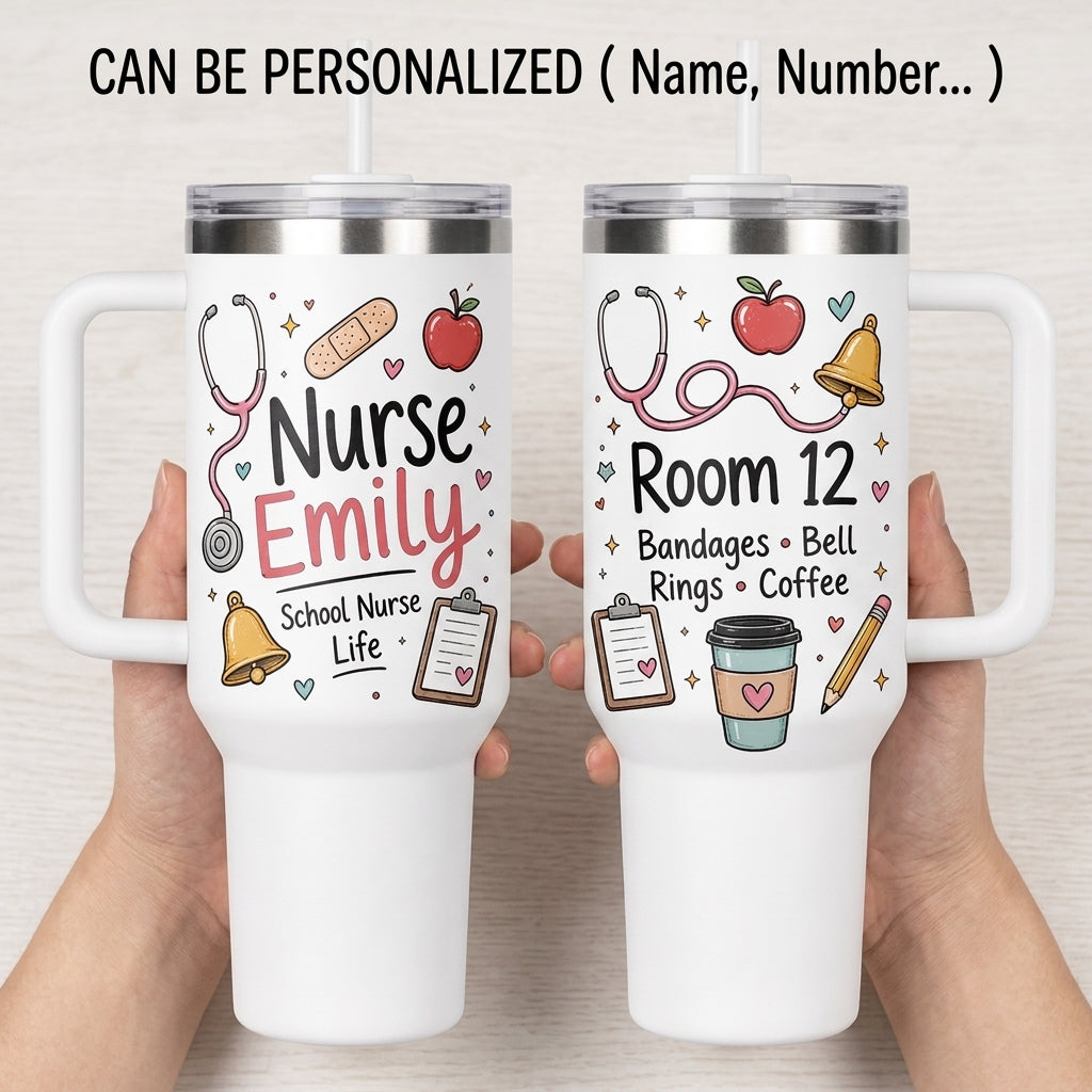 Personalized School Nurse 40oz Tumbler with Handle - Custom Name & Room Number Nurse Life Gift