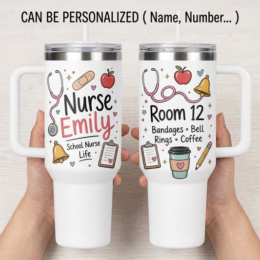 Personalized School Nurse 40oz Tumbler with Handle - Custom Name & Room Number Nurse Life Gift