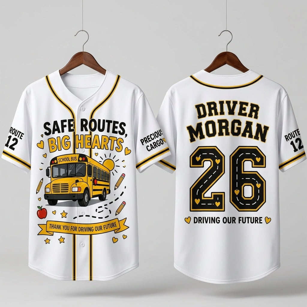 Personalized School Bus Driver Baseball Jersey - Custom Name, Route & Number Appreciation Gift