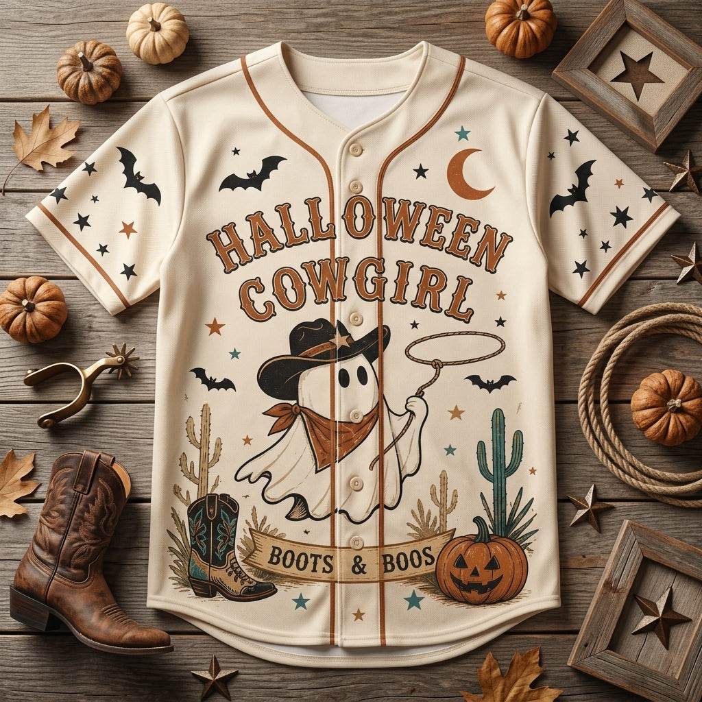 Personalized Halloween Cowgirl Ghost Baseball Jersey - Custom Name Boots & Boos Western Ghouls Costume