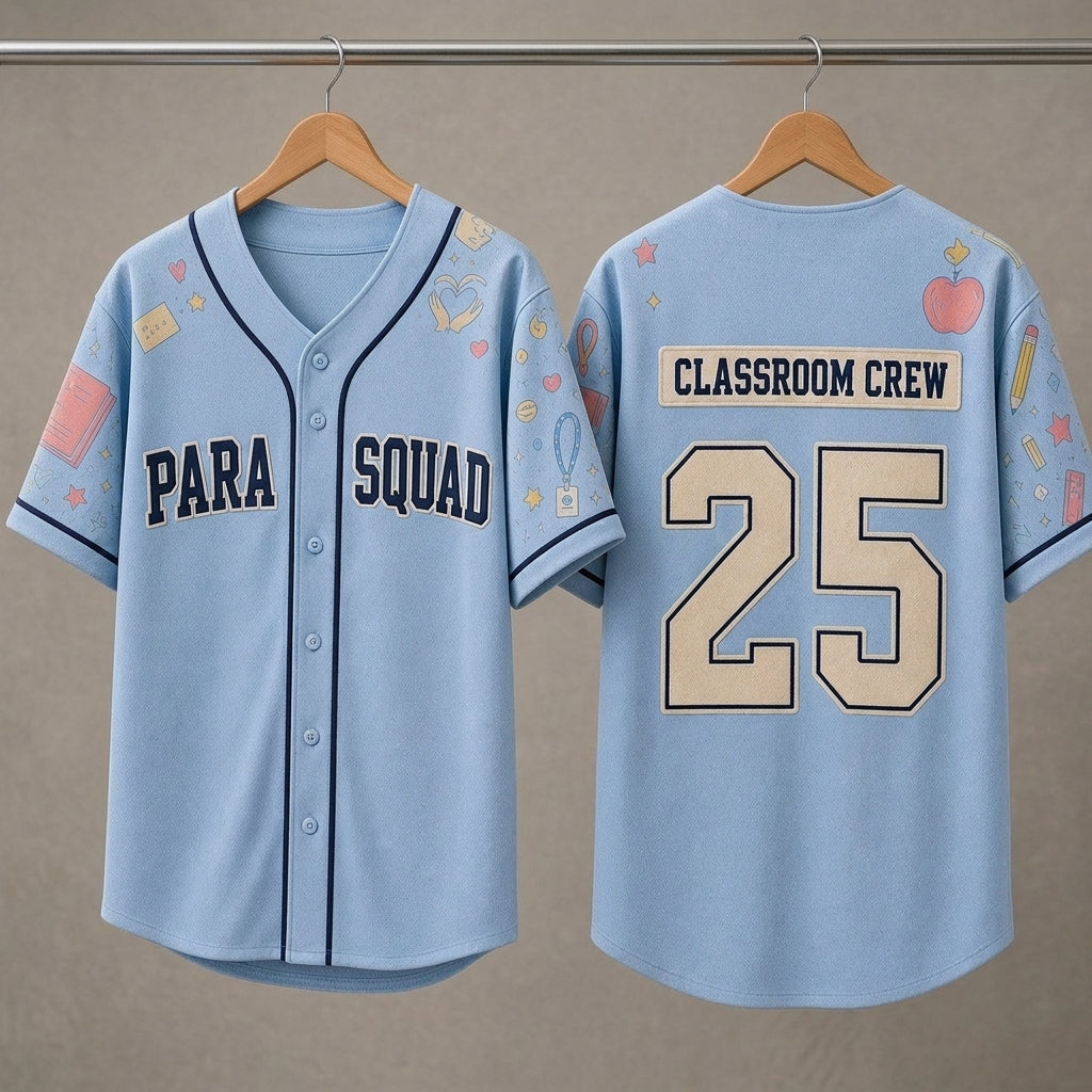 Personalized Para Squad Baseball Jersey - Custom Classroom Crew School Staff Shirt - Light Blue Teacher Spirit Wear