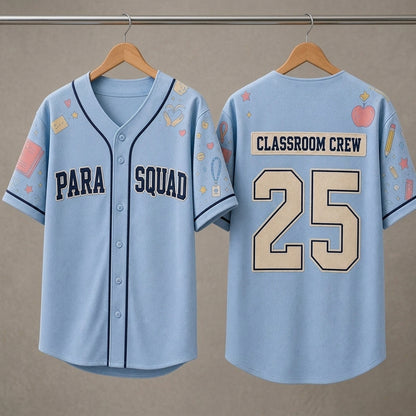 Personalized Para Squad Baseball Jersey - Custom Classroom Crew School Staff Shirt - Light Blue Teacher Spirit Wear