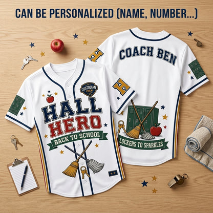 Personalized Hall Hero Custodian Baseball Jersey - Custom Name Back to School Gift for Janitors