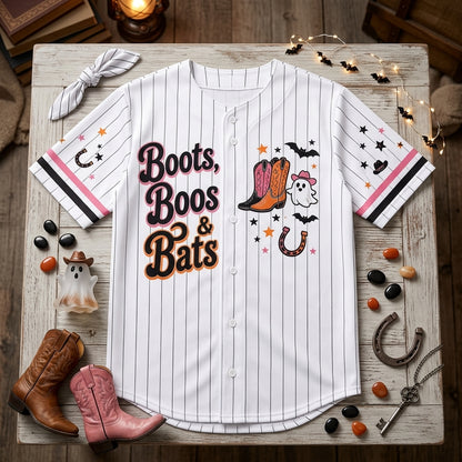 Personalized Boots Boos & Bats Halloween Baseball Jersey - Custom Cowgirl Ghost Western Baseball Shirt