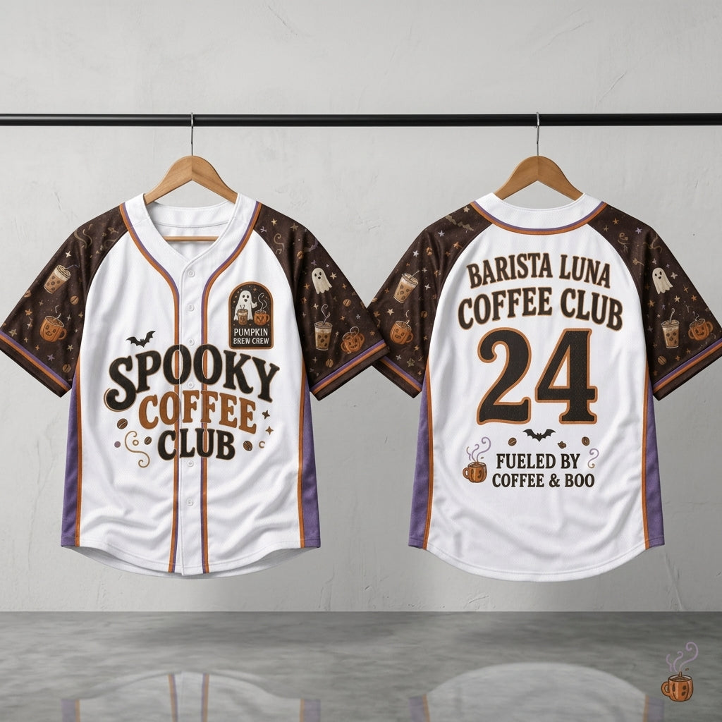 Personalized Spooky Coffee Club Baseball Jersey - Custom Name & Number Halloween Gift for Coffee Lovers & Baristas