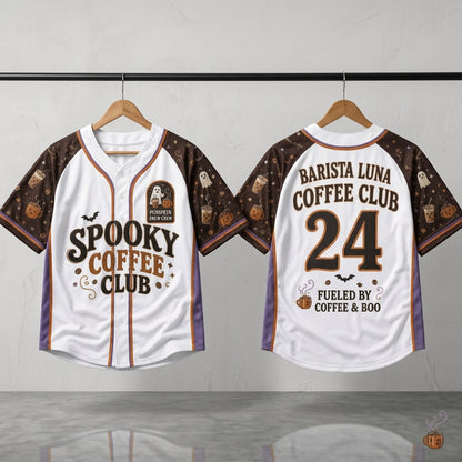 Personalized Spooky Coffee Club Baseball Jersey - Custom Name & Number Halloween Gift for Coffee Lovers & Baristas