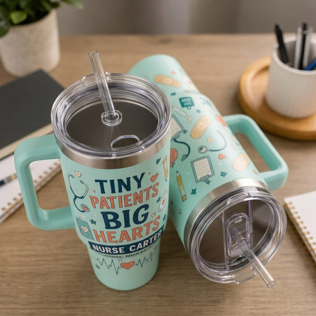 Personalized School Nurse 40oz Tumbler with Handle - Tiny Patients Big Hearts Custom Name Gift