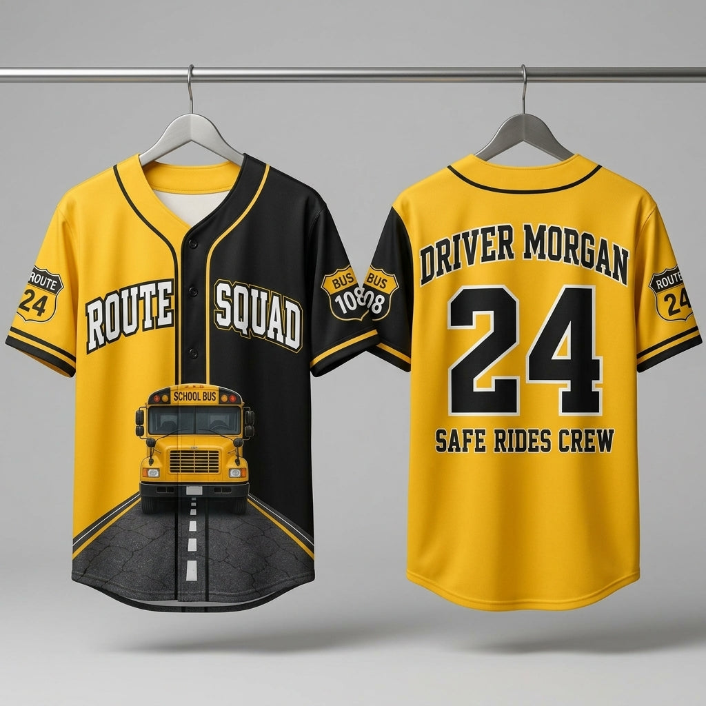 Personalized School Bus Driver Baseball Jersey - Custom Name & Route Number Route Squad Gift