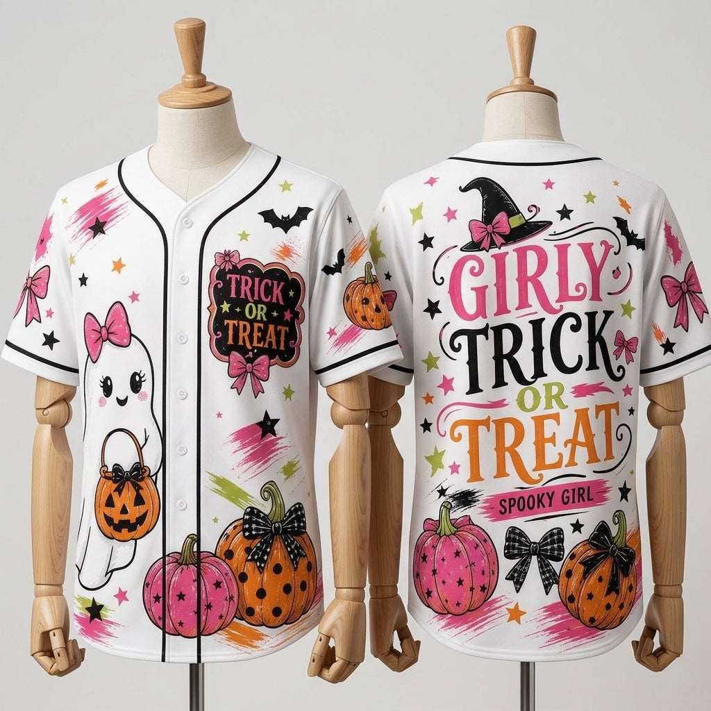 Personalized Girly Trick or Treat Halloween Baseball Jersey - Cute Ghost & Pink Pumpkin Spooky Girl Button Up