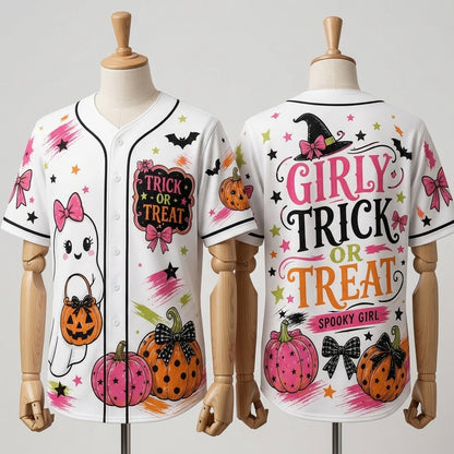 Personalized Girly Trick or Treat Halloween Baseball Jersey - Cute Ghost & Pink Pumpkin Spooky Girl Button Up