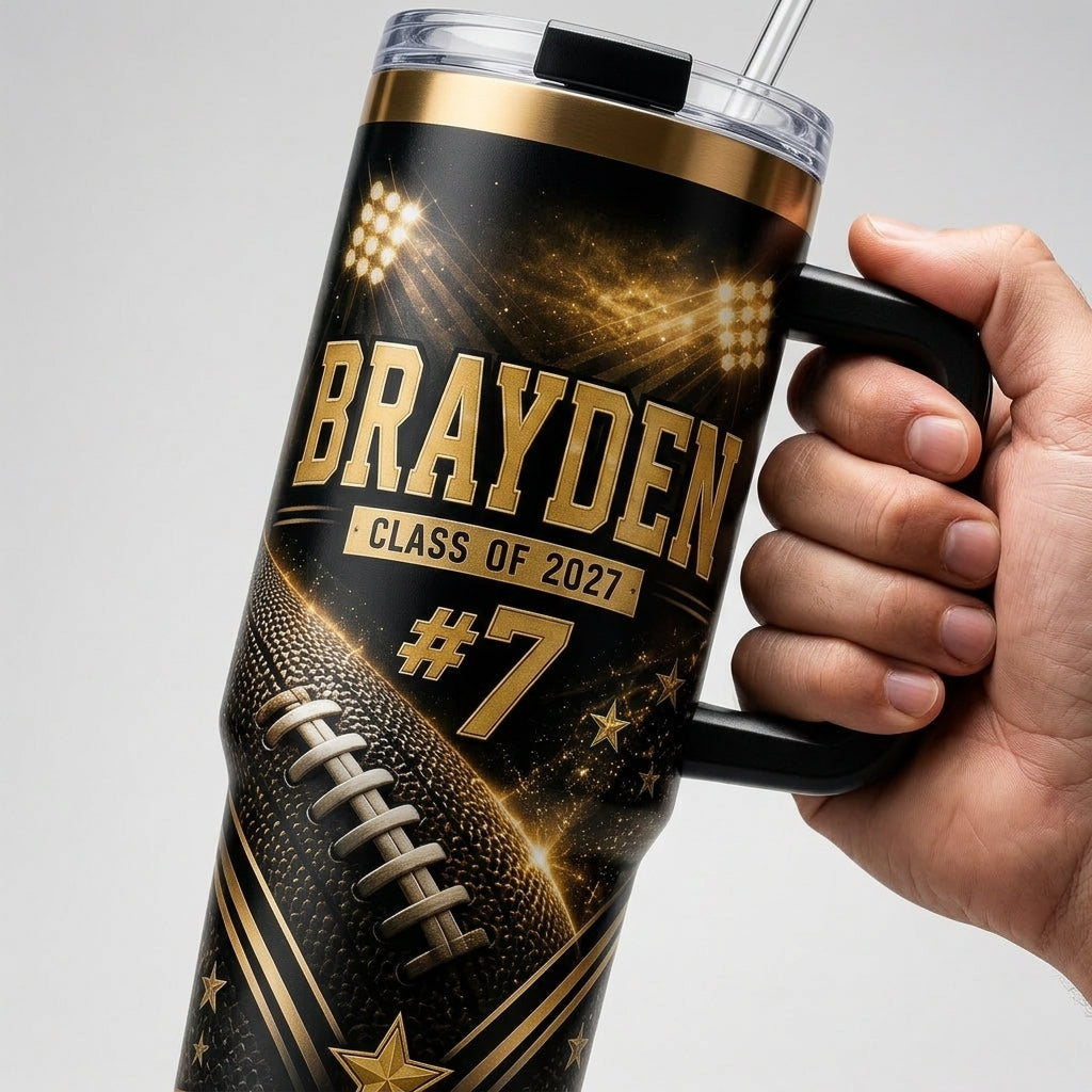 Personalized Football Senior Night 40oz Tumbler with Handle - Custom Name, Number, and Class Year