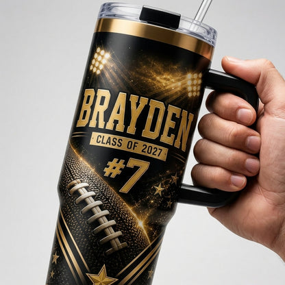 Personalized Football Senior Night 40oz Tumbler with Handle - Custom Name, Number, and Class Year
