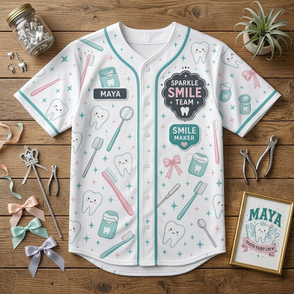 Personalized Tooth Fairy Crew Baseball Jersey - Custom Name Dental Assistant & Hygienist Sparkle Smile Team Apparel