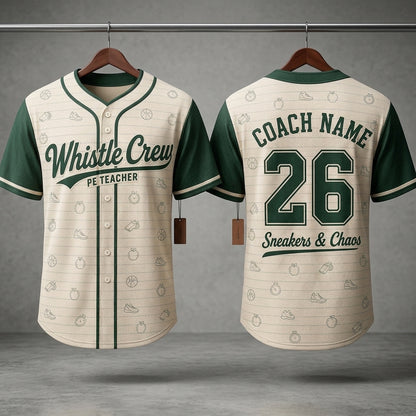 Personalized PE Teacher Baseball Jersey - Custom Coach Name Whistle Crew Sport Shirt for Gym Teachers