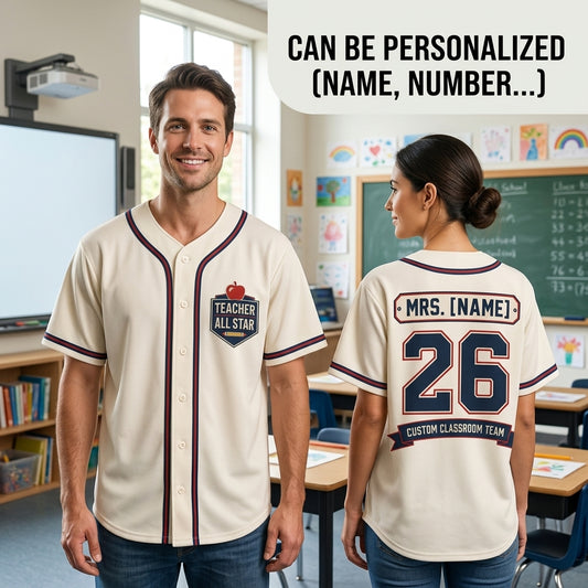 Personalized Teacher All Star Baseball Jersey - Custom Name and Number Classroom Team Spirit Shirt