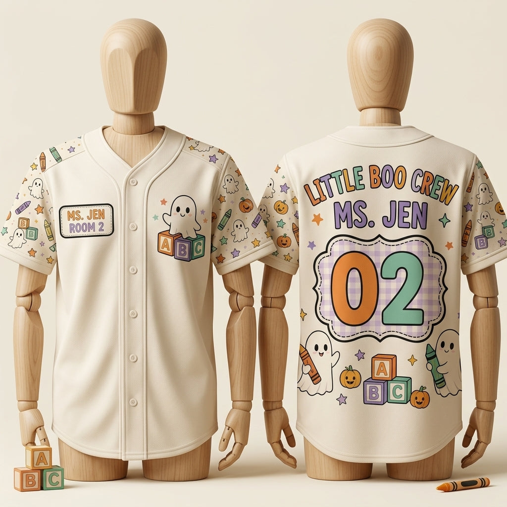 Personalized Little Boo Crew Teacher Halloween Baseball Jersey - Custom Name & Classroom Number Ghost Shirt
