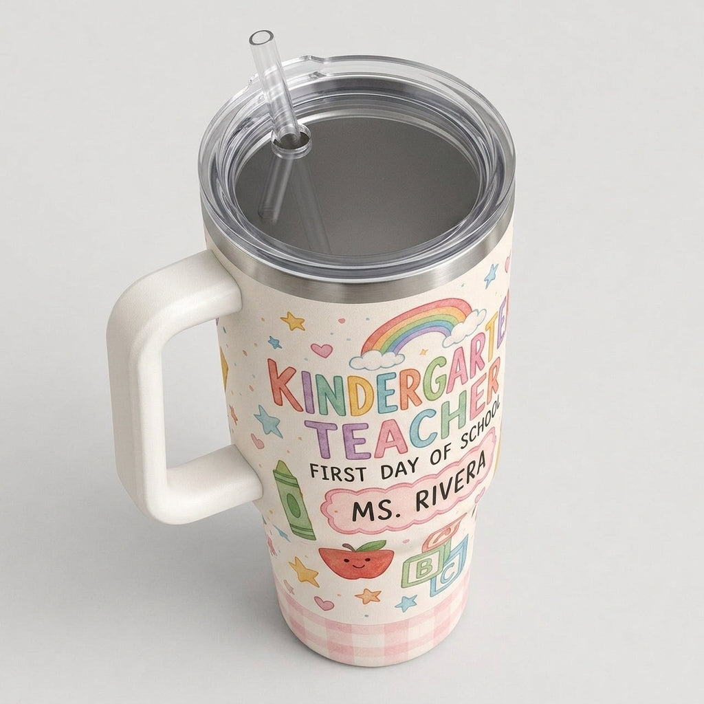 Personalized Kindergarten Teacher 40oz Tumbler with Handle - Custom First Day of School Gift for Teachers