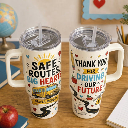 Personalized School Bus Driver 40oz Tumbler with Handle - Custom Name Appreciation Gift