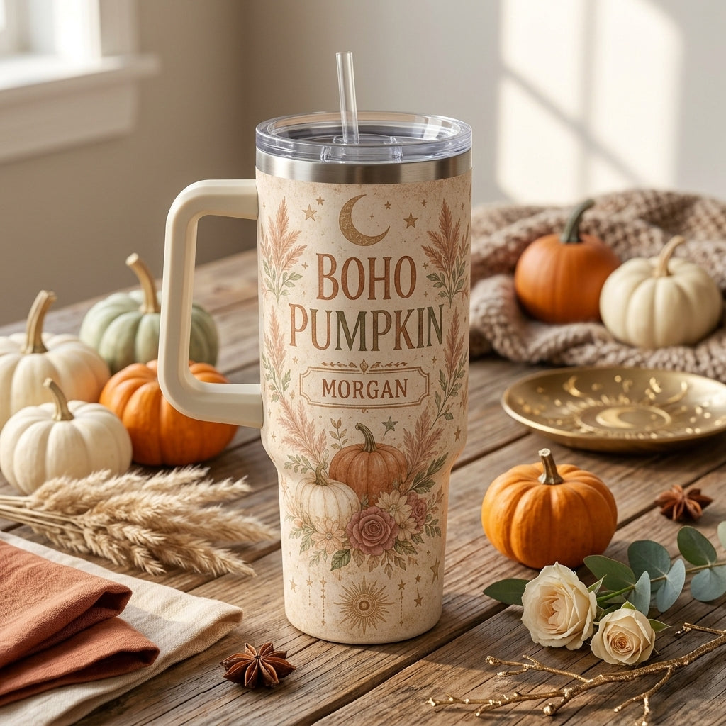 Personalized Boho Pumpkin 40oz Tumbler with Handle - Custom Fall Floral Name Cup