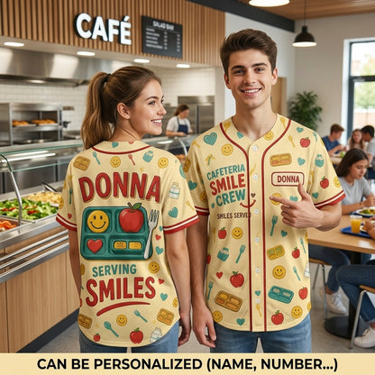 Personalized Cafeteria Smile Crew Baseball Jersey - Custom Name Gift for Lunch Ladies & School Nutrition Workers