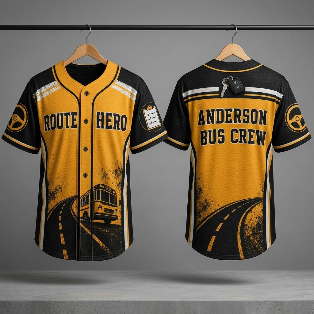 Personalized School Bus Driver Baseball Jersey - Custom Name Route Hero Yellow & Black Athletic Shirt - baseball jersey product view 3
