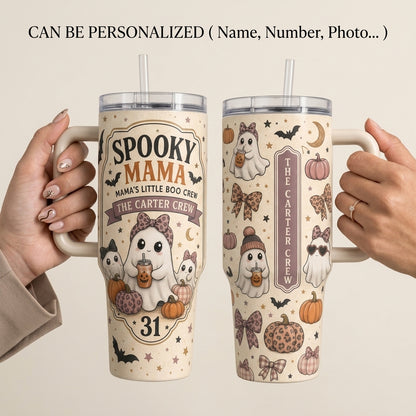 Personalized Spooky Mama 40oz Tumbler with Handle - Custom Family Name Mama's Little Boo Crew Halloween Gift
