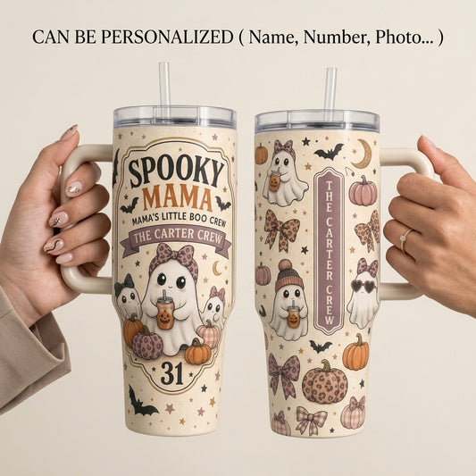 Personalized Spooky Mama 40oz Tumbler with Handle - Custom Family Name Mama's Little Boo Crew Halloween Gift