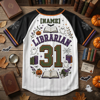 Personalized Spooky Librarian Halloween Baseball Jersey - Custom Name Ghost Bookish Gift for Teachers