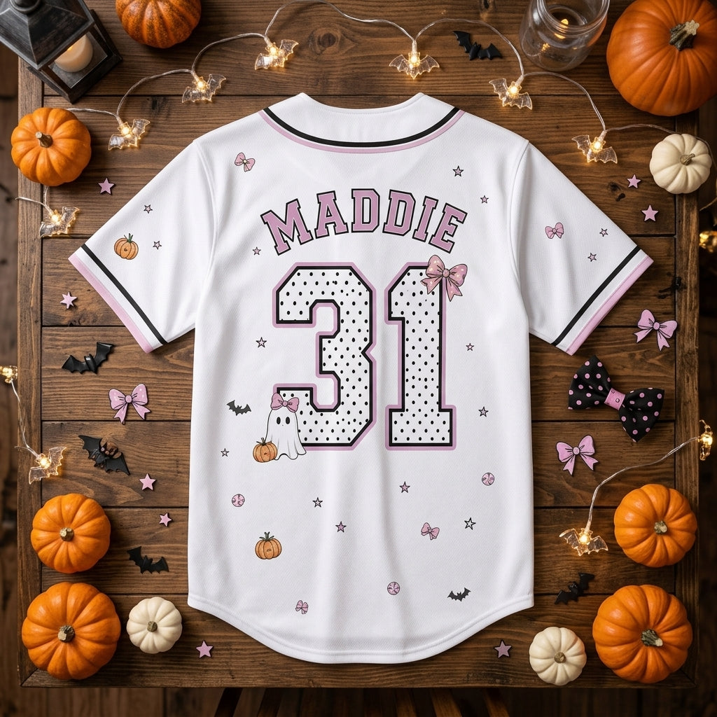 Personalized Spooky Season Ghost Baseball Jersey - Custom Name and Number Coquette Pink Halloween Jersey