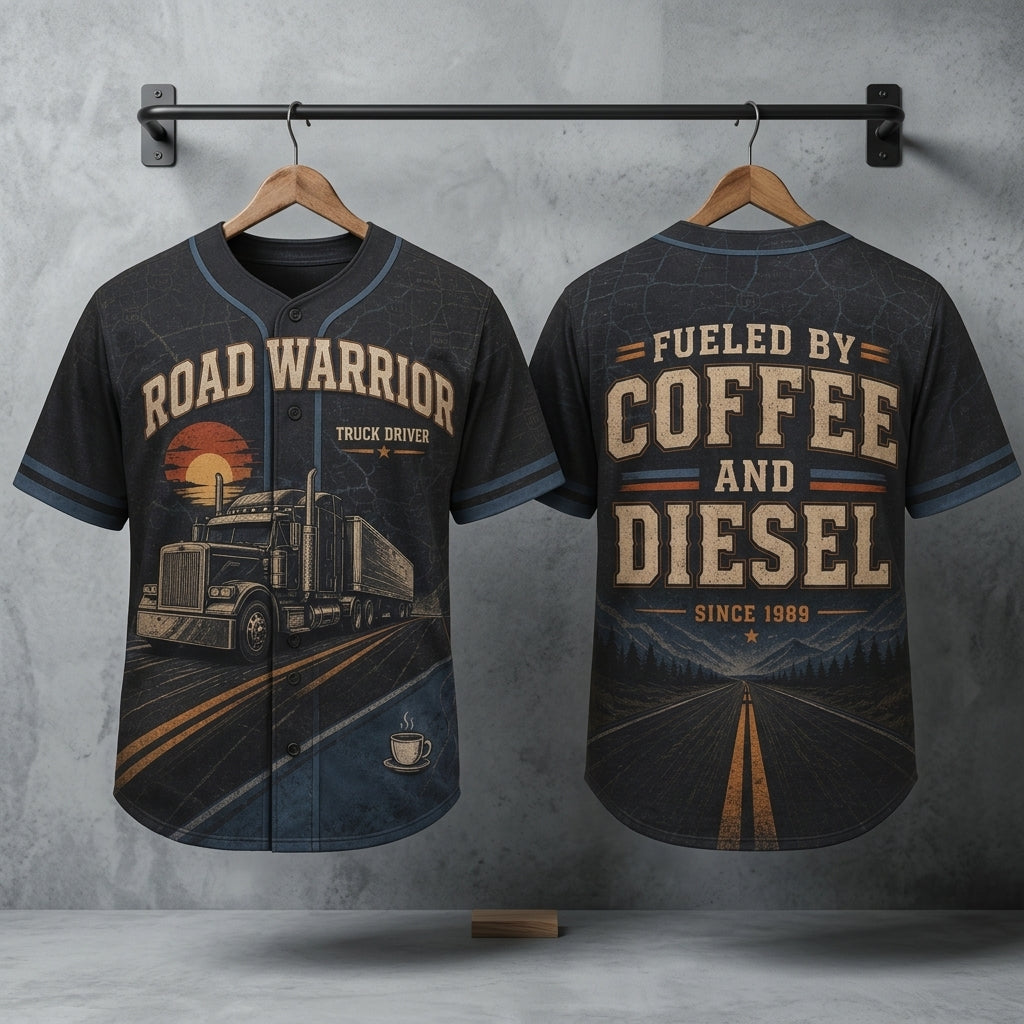 Personalized Road Warrior Truck Driver Baseball Jersey - Custom Fueled by Coffee and Diesel Gift for Truckers