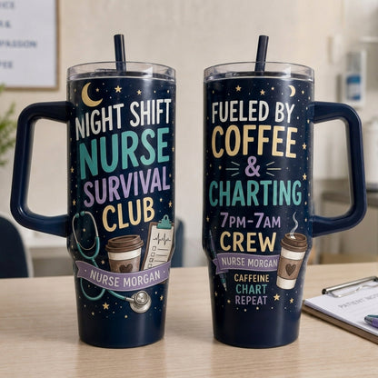 Personalized Night Shift Nurse Survival Club 40oz Tumbler with Handle - Custom Name Coffee and Charting Gift