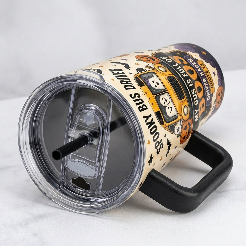 Personalized Spooky Bus Driver 40oz Tumbler with Handle - Custom Name Halloween Gift