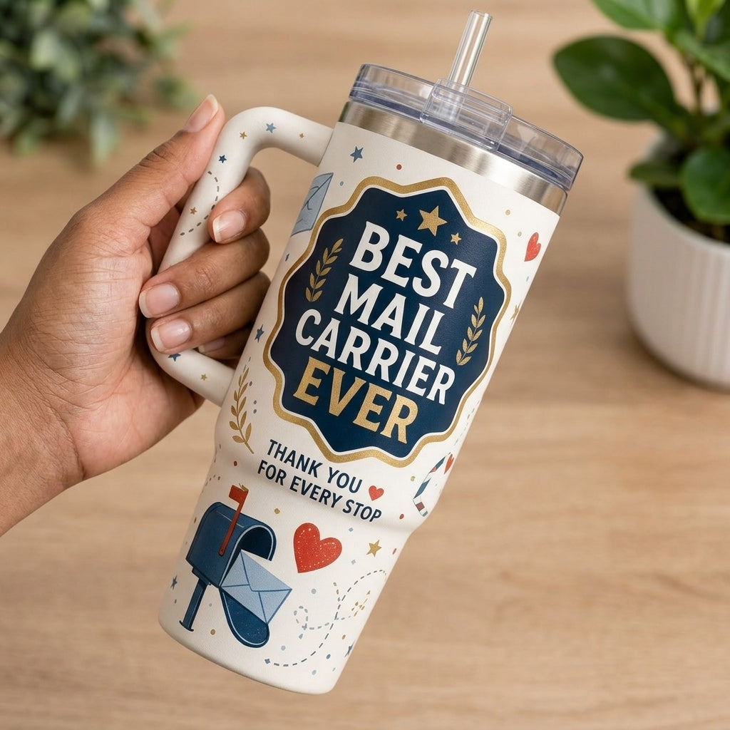 Personalized Best Mail Carrier Ever 40oz Tumbler with Handle - Custom Name Postal Worker Thank You Gift
