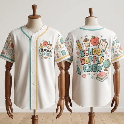 Personalized School Supply Crew Baseball Jersey - Cute Kawaii Teacher Appreciation Gift - Custom Back to School Apparel