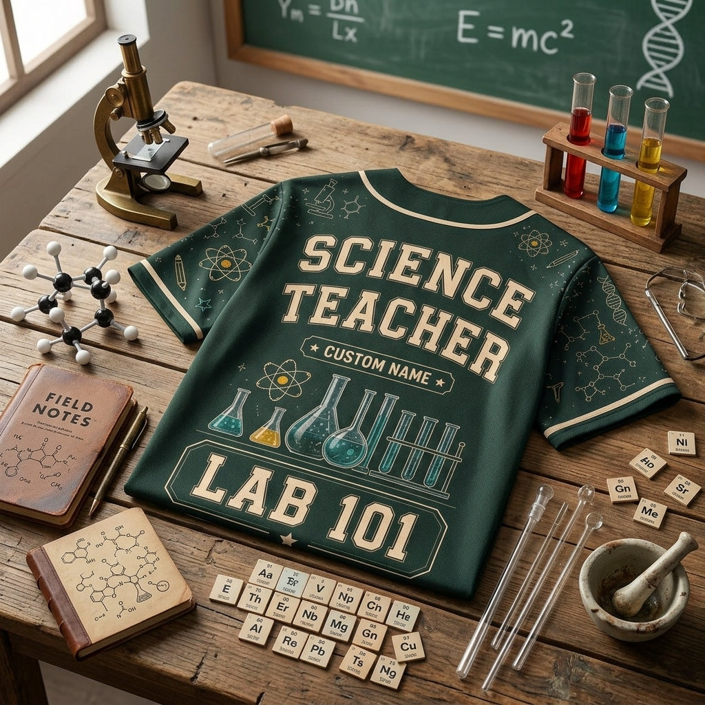 Personalized Science Teacher Baseball Jersey - Custom Name Lab 101 STEM Educator Uniform